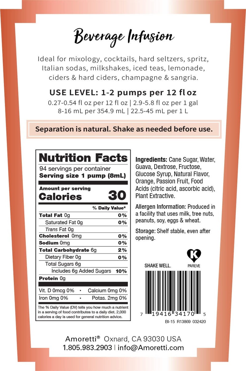 Amoretti - Passion-Orange-Guava Beverage Infusion, 94 Servings Per Bottle (750 ml) - Drink Mix & Water Enhancer with Pump for Flavoring Cocktails, Waters, Teas, and other Beverages, Preservative Free - Image 2